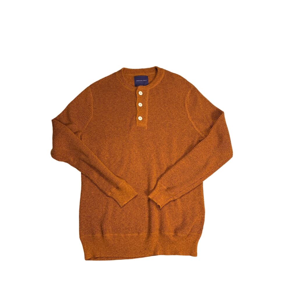 Y2K American Eagle Henley Pullover Sweatshirt Mens Large Orange Brown Knit VTG